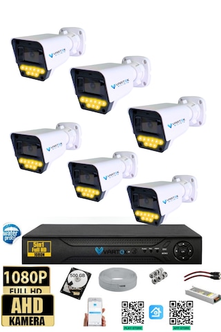 6 Kameralı AHD Full HD 9 LED 5MP Kamera Seti - 500GB HDD Dahil Gece (Renkli) Görüş