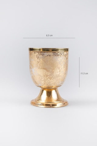 Altın Varak Eskitme Ayaklı Cam Mumluk Kokusuz Mum Logo Kapaklı Küçük 8.5x11.5 Cm