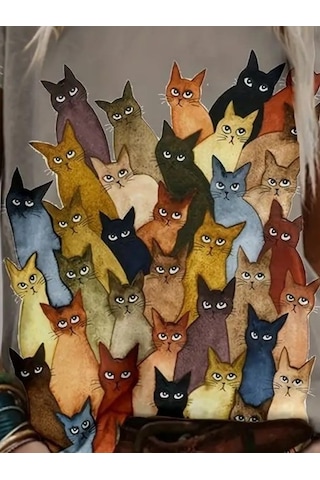 Simala Kadın Kısa Kollu Bisiklet Yaka Kedi Desenli Süprem Bluz SÜTLÜ KAHVE