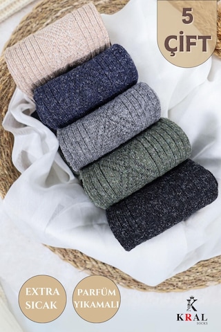 Kral Kışlık Lambswool Erkek Çorap 5 Renkli Set Çok Renkli