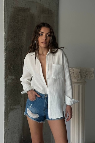 Giysa Kadın Uzun Kollu %100 Pamuklu Oversize Gömlek Beyaz - 26k 2012 Beyaz