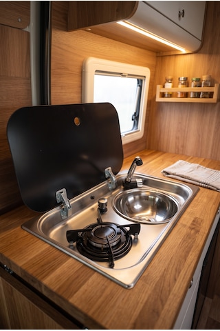 Ocaklı Evye - Musluklu Cam Kapaklı Kombine Ocak Ve Evye Karavan Tekne Tiny House Açık Gri