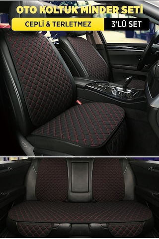 Tay Tüyü Sırtlı Oto Koltuk Minder Seti - Oto Koltuk Kılıf Seti - Cepli & Terletmez - Siyah Kırmızı