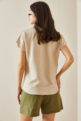 Kadın Keten Kumaş Kısa Kollu Gömlek Karışık Çok Renkli