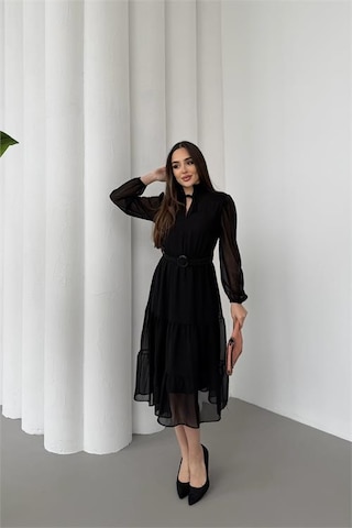 Neşeli Butik Kadın Siyah Beli Kemerli Midi Boy Şifon Elbise Nbelb02 Siyah