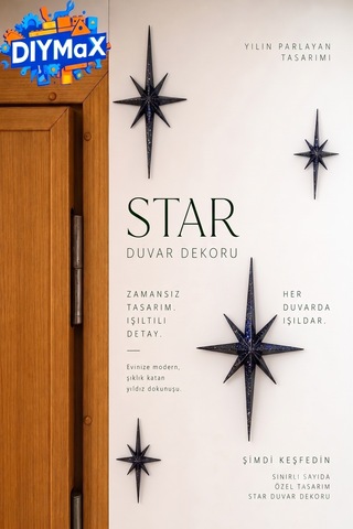 Yıldız Duvar Dekoru 4'lü Set Mid-century Modern Starburst Dekoratif Duvar Süsü - Siyah