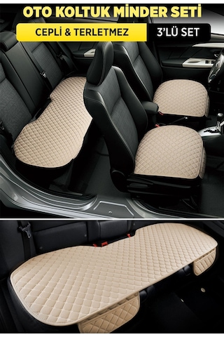 Tay Tüyü Cepli & Terletmez Oto Koltuk Minder Seti - Koltuk Koruma Kılıfı 3'lü Set Bej