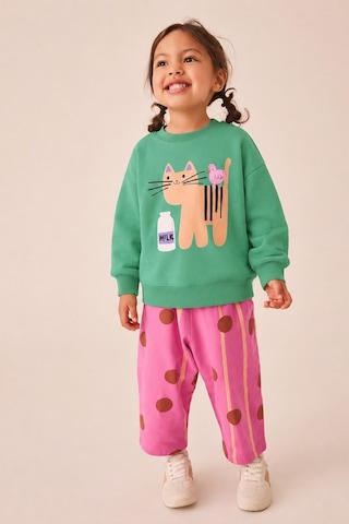 Monila Kız Çocuk Yeşil Kedi Baskılı Pamuklu Sweatshirt Ve Pembe Puantiyeli Eşofman Alt Üst Takım