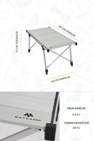 Baycamp Alüminyum Katlanır Büyük Boy Kamp Masası Y:72xg:89xd:49 Cm Gri