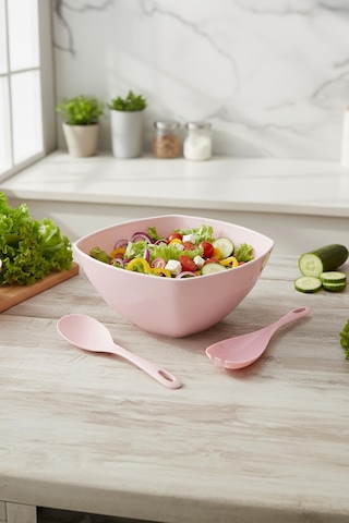 3,5 Lt Soft Pembe Akrilik Kare Salata Ve Servis Kasesi Seti 3 Parça Çok Renkli