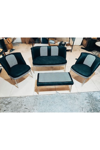 Ecem Life Siyah Kazayagı Metal Ayak Cay Seti Koltuk 2 1 1 Puf Hediye Çok Renkli