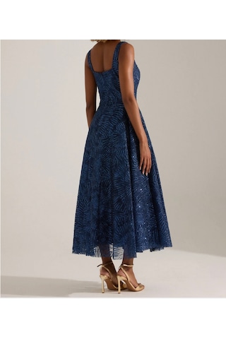 Uzer Abiye Işıltılı Sim Baskılı Jacquard Dokulu Kare Yaka Couture Premium Abiye Elbise,düğün Albisesi Lacivert