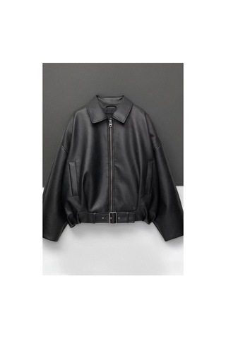 Meecy Yeni Sezon Suni Oversize Bomber Deri Ceket Siyahh Siyahh