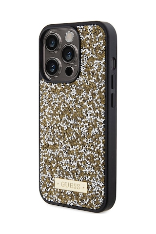 Apple Uyumlu iPhone 15 Pro Kılıf Guess Lisanslı Taşlı Arka Yüzey Metal Yazı Logolu Kapak Siyah