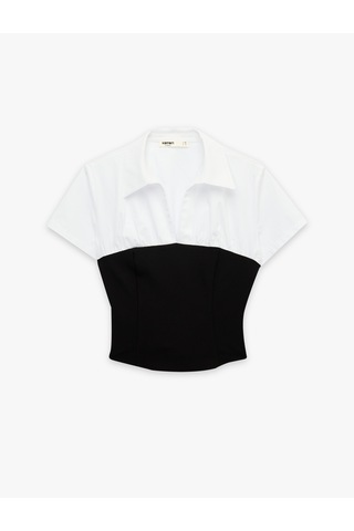 Koton Pamuklu Slim Fit Renk Kontrastlı Kısa Kollu Korse Detaylı Gömlek Beyaz 6sak60423uw