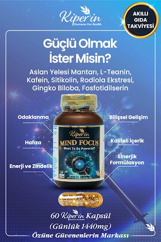 Kiperin Mind Focus Aslan Yelesi Mantarı, Sitikolin, Rhodiola, L-theanin 60 Kapsül