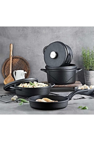 Oms 3557 Wave Quartz Prıme 7 Parça Biogranit Döküm Tencere Seti Siyah