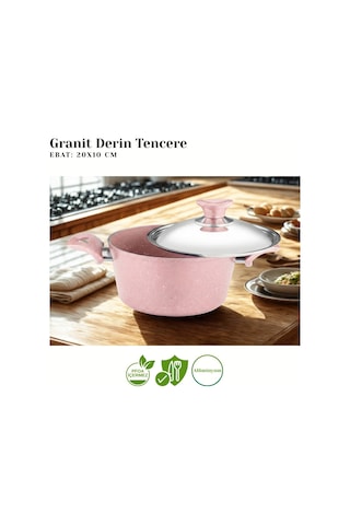 20 Cm Granit Derin Tencere Çelik Kapak - Pembe Pembe