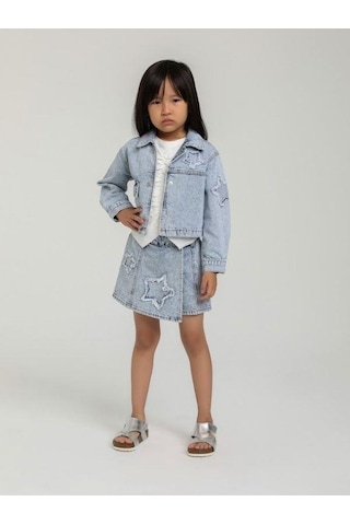 Kız Çocuk Yıldız İşlemeli Cepli Kot Ceket-15648 Mavi