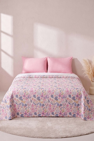 Pembe Kır Bahçesi Desenli Çift Kişilik Baskılı Pike & Yatak Örtüsü 200x230 Cm