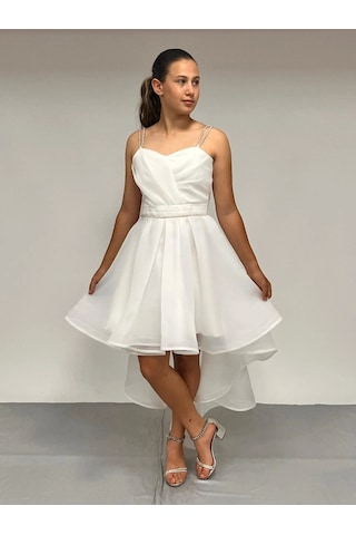 Butikhappykids Kız Çocuk Abiye Beyaz Taş Kordon Askılı Kalp Yaka Kuyruklu Şifon Abiye Elbise 10-15 Yaş Beyaz