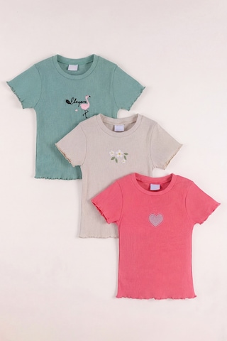 Monox 5-12 Yaş Kız Çocuk 3'lü Nakışlı Fitilli Tshirt Likralı Esnek Yazlık Body Set Taş Yeşil Nar