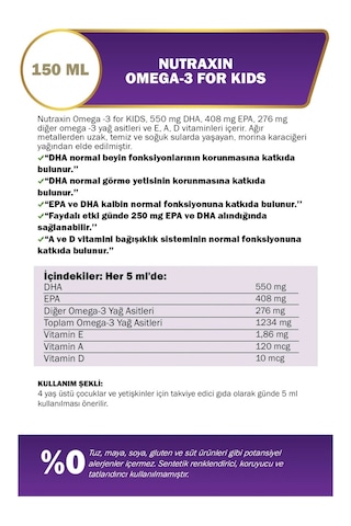 Nutraxin Omega3 Tutti Frutti Aromalı Çocuklar İçin 2 x 150 ML