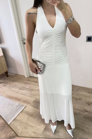 Sırt Dekolteli Uzun Elbise - Beyaz Beyaz