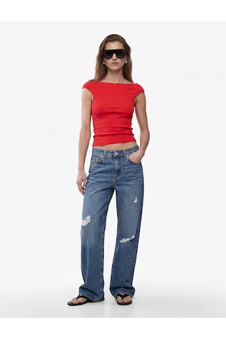 Koton Pamuklu Ribanalı Slim Fit Omzu Açık Madonna Yaka Tişört Kırmızı 6sak50503ek