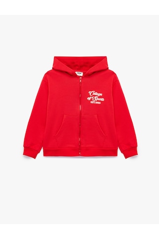 Koton Cepli Uzun Kollu Baskılı Oversize Kapşonlu Fermuarlı Sweatshirt Kırmızı 7wkg10018ak