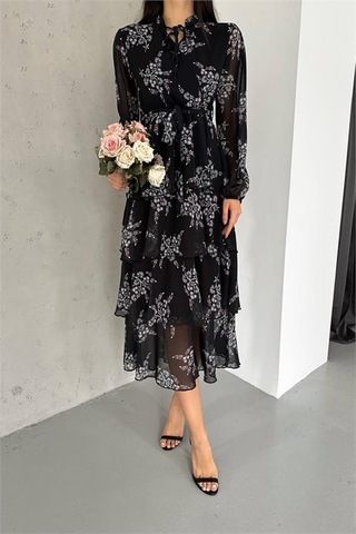 Dip Moda Kadın Yakası Bağlama Detaylı Desenli Şifon Elbise Dpnbk2036 Siyah