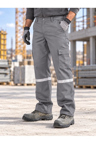 7/7 Kışlık Gabardin Reflektörlü İşçi Pantolonu Gri Kargo Cepli Kalın Gabardin İnşaat İş Pantolonu
