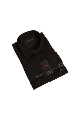 Dicotto Siyah Düz Damatlık Ata Yaka Kol Düğmeli Slim Fit Smokin Gömlek - 010 001