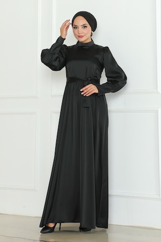 Kuşaklı Saten Abiye 1136 - Siyah