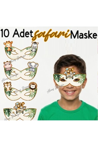 10 Adet Safari Konsept Kağıt Parti Maskesi Safari Orman Hayvanları Doğum Günü Süsü