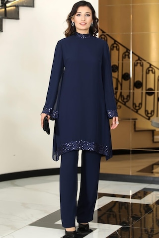 Umay Şifon Tunik Pantolon İkili Tesettür Takım Lacivert Lacivert