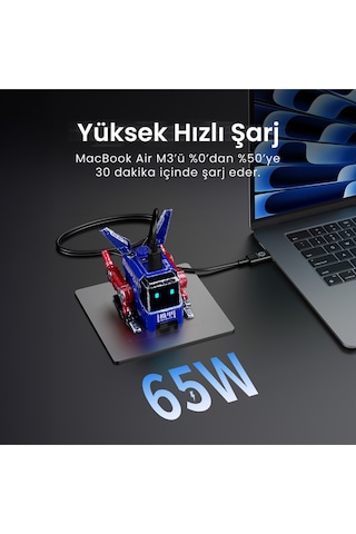 Gravastar Alpha65 Robot Figürlü 65w Hızlı Şarj Adaptörü Ve Şarj Standı, Mavi
