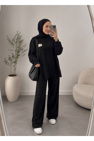 Öners Fitilli Armalı Detaylı Oversize Kaşkorse Basic Alt-üst Takım Siyah Siyah
