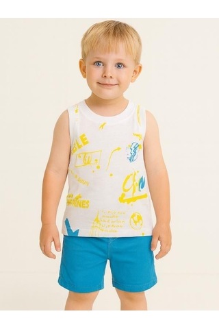 Erkek Bebek Pamuklu Renkli Yazı Baskılı Kolsuz T-shirt-16000 Beyaz