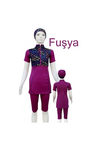 Yarım Kol Çocuk Mayo Fermuarlı Çocuk Mayosu Kısa Kol Mayo Kız Çocuk Mayo Fuşya