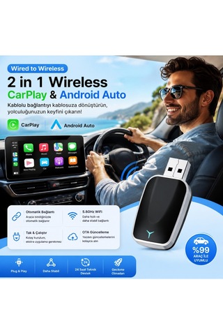Luve Store 2in1 Kablosuz Carplay Auto Adaptör Wireless Dönüştürücü Usb Type-c Otg Mini Araç Adaptörü