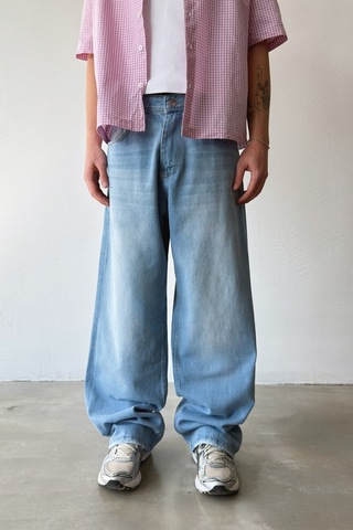 Flaw Çizgili Eskitme Model Baggy Jean-29012 Buz Mavi