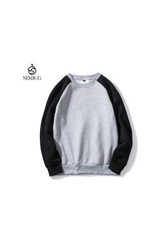 Erkek İlkbahar Ve Sonbahar Renk Bloklu Yuvarlak Yakalı Uzun Kollu Sweatshirt Açık Gri