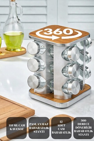 Makri Home 12 Li Ahşap Krom Kare Döner Baharatlık, 360 Paslanmaz Stantlı, 118 Ml Cam Kavanoz, 19 X 23 Cm Ahşap