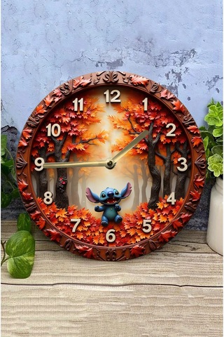 3d Görünümlü "stitch İle Sonbahar" Mdf Duvar Saati Sdw323 Renkli