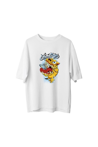 Paybuy Erkek Oversize Tişört %100 Pamuk Baskılı Vintage Canavar Tasarımı Beyaz