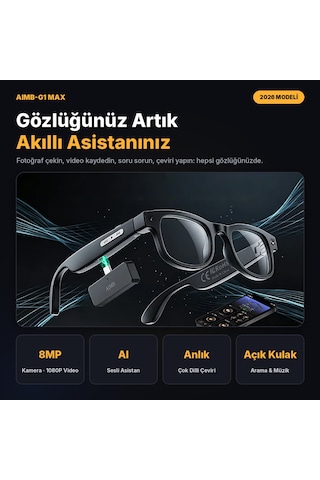 Aımb-g1 Max Akıllı Gözlük 8mp Kamera Aı Çeviri Bluetooth