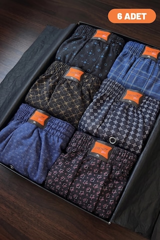 Cnt Erkek Boxer Likralı 6'lı Premium Paket Havlu Bel Empirme Önden Düğmeli Rahat Desenli-2 Desenli-2
