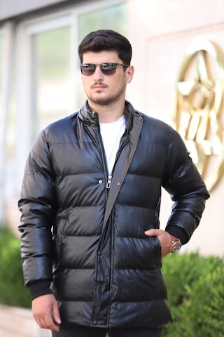 Prifaldi Erkek Kapüşonu Çıkarılabilir Siyah Şişme Uzun Deri Mont Siyah