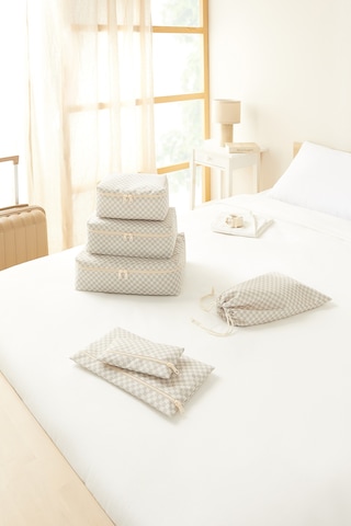 Ocean Home Textile 6'lı Yıkanabilir Gri Dama Desen Pamuklu Bavul İçi Düzenleyici Set Gri